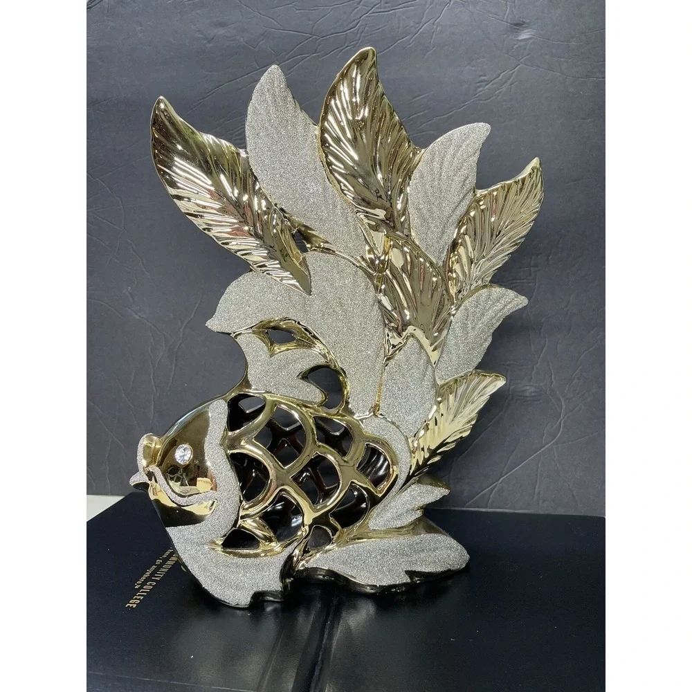 CERAMIC GOLD+SILVER SPARKLE GLITTER+PINK SHELL FISH FIGURINE,VASE-V932A  12